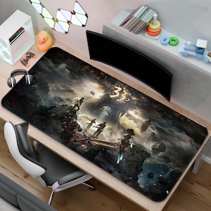 May include: A large rectangular mousepad featuring a detailed fantasy landscape with figures. The artwork depicts a dramatic scene with characters on a bridge, set against a backdrop of mountains and a cloudy sky. The mousepad is designed for gaming.