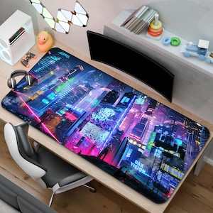 Cyberpunk Futuristic Neon City Mouse Pad | Sci Fi City Desk Mat | A Gift for Gamers