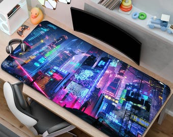 Cyberpunk Futuristic Neon City Mouse Pad | Sci Fi City Desk Mat | A Gift for Gamers