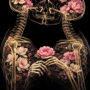 May include: Two translucent human skeletons facing each other with pink and white flowers blooming inside their rib cages and skulls. The skeletons hold a pink rose between them. The text STAND WITH ME TIL DEAD is at the bottom.