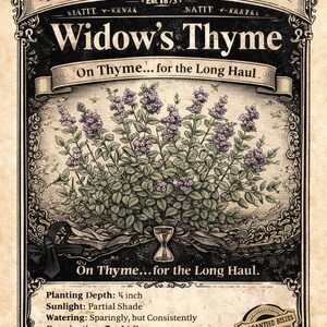 May include: Vintage botanical illustration for "Widow's Thyme" from Thorn & Bone Botanicals. The image features a detailed drawing of the herb with purple flowers and green leaves. Text includes planting instructions and the phrase "On Thyme... for the Long Haul."