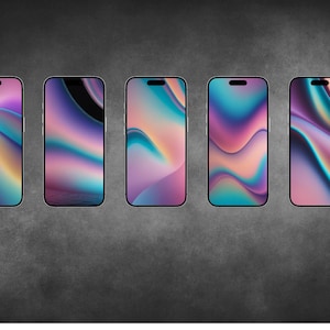 May include: Five smartphones arranged in a horizontal row, each featuring a distinct digital wallpaper with fluid, abstract waves of iridescent colors including shades of pink, purple, blue, and gold, displayed on rectangular screens with rounded corners.