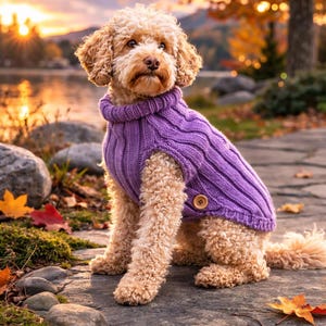 May include: A dog with curly fur wearing a purple knitted sweater. The sweater has a ribbed design and a wooden button. The dog is sitting on a stone surface, with a lake and autumn leaves in the background.