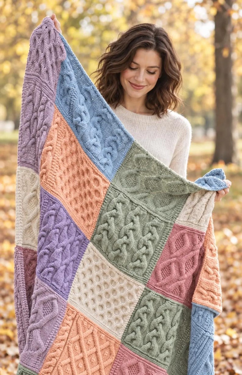 May include: A multi-colored knitted blanket featuring a patchwork design of various cable knit patterns. The squares are colored in shades of lavender, light blue, peach, sage green, and cream, creating a textured and geometric appearance.