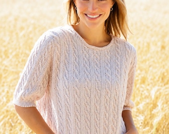 Modello per maglione a trecce, sprone europeo dall'alto verso il basso, pullover a maniche corte (download PDF)