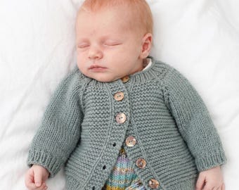 Mönster för stickad babyjacka, raglankofta uppifrån och ner, rätstickning i slätstickning (PDF-nedladdning)