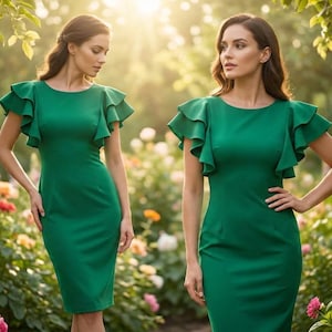 May include: A knee-length emerald green dress featuring a round neckline and short sleeves with double-layered ruffled detailing. The garment is fitted through the bodice and waist, transitioning into a straight skirt silhouette with a clean hemline.