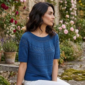 May include: A short-sleeved blue knitted jumper featuring a round neckline and intricate horizontal lace patterns across the chest and shoulders. The garment has a ribbed collar, cuffs, and hem, with a consistent blue colour throughout the knitted fabric.