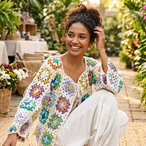May include: A long-sleeved cardigan made of multi-colored granny square crochet patches in shades of orange, blue, purple, green, and yellow, featuring a cream-colored base, a V-neckline, and a front tie closure, paired with plain white trousers.