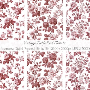Red Botanical Seamless Digital Papers | Vintage Delft & Chinoiserie Patterns