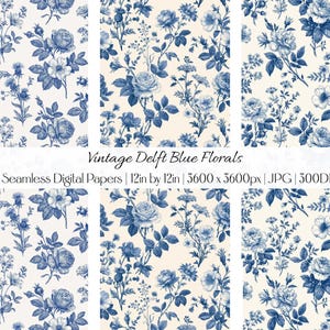 Blue Botanical Seamless Digital Papers | Vintage Delft & Chinoiserie Patterns