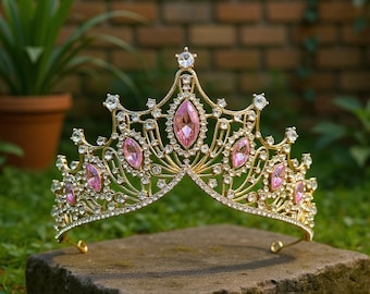 Roze gouden strass kroon | Hoofddeksel bruids tiara | Hoofdband met hoofdband verjaardagsfeestje | Prinsessenhaaraccessoire
