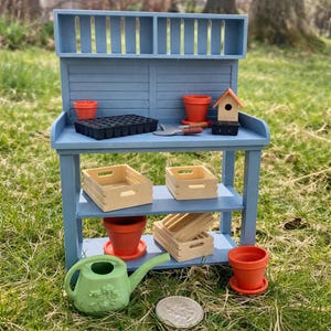 Potting Bench Garden Kit - 17 PC Set - 1:12 Scale Dollhouse Miniature - Accessories Included