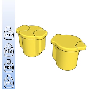 May include: Two yellow, 3D-printed objects with a unique, geometric design. The objects have a rounded base and a flat, angular top. The image also includes icons for 1:12 scale, PLA, FDM, and STL.