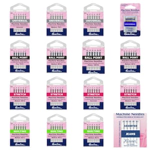 Könnte beinhalten: Verschiedene Packungen mit Hemline Maschinennadeln für verschiedene Nähzwecke. Die Packungen enthalten Universal-, Ball Point-, Stretch- und Quilting-Nadeln, mit Größenangaben und Typenbezeichnungen für verschiedene Stoffe.
