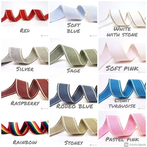 May include: A selection of woven ribbons in a range of colours: red, soft blue, white, silver, sage, soft pink, raspberry, rodeo blue, light turquoise, rainbow, stoney, and pastel pink. Each ribbon is labelled with its colour name.