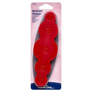 May include: A red button maker tool with five size options, packaged on a white and pink card. The text on the package reads "Button Maker" and "Suitable for Hemline Metal Self-Cover Buttons (473)."