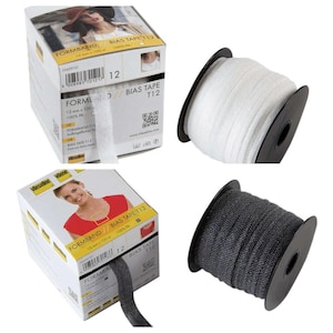 May include: White and gray bias tape spools and boxes. The boxes read "FORMBAND BIAS TAPE T12" and "12 mm x 100 m". One spool is white, and the other is dark gray. The bias tape is used for sewing and crafting.