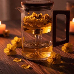 May include: A clear glass teapot with a wooden handle and lid, filled with yellow flowers and tea. The tea is a golden color, and the teapot sits on a wooden surface with scattered yellow flowers.