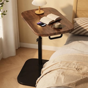Adjustable Height Side Table | C Shape Sofa Laptop Table Walnut | Bedside Snack Table Overbed | Home Office Desk | Unique Functional Gift