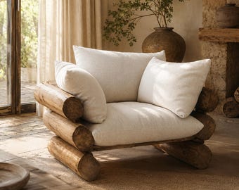 Rustic Wood Armchair | Solid Elm Accent Chair | Wabi Sabi Living Room Seat | Japandi Linen Chair Gift