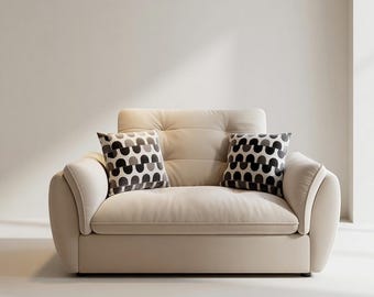 Cremefärgad molnsoffa | Minimalistisk loveseat | Liten vardagsrumssoffa | Beige tygsofffåtölj | Modern lägenhetssoffa | Mysig soffa