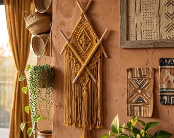Mustard Yellow Macrame Wall Hanging – Boho Geometric Fiber Art with Wooden Rod Accents