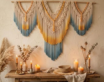Large Ombre Boho Macrame Wall Hanging – Teal and Mustard Fringe Fiber Art Statement Decor
