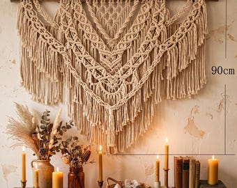 Large Macrame Wall Hanging 110x90cm Boho Wall Decor Handmade Woven Wall Art Beige Fiber Wall Hanging Living Room Statement Decor