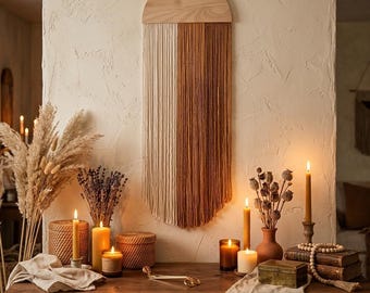 Modern Boho Macrame Wall Hanging – Beige and Brown Minimalist Fiber Art Panel