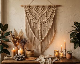 Boho Macrame Wall Hanging – Intricate Knot Beige Fiber Art Decor-Boho Fringe Fiber Art Rustic Statement Decor