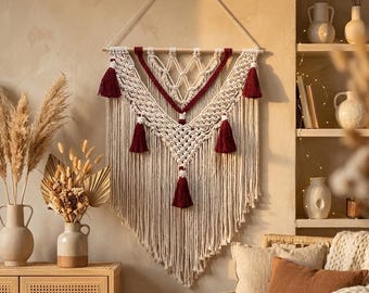 Boho Macrame Wall Hanging with Burgundy Tassels – Neutral Fringe Fiber Art Decor