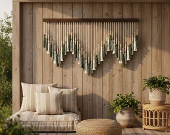 Boho Tassel Macrame Wall Hanging – Green and Cream Beaded Fringe Wall Art with Wooden Bar Decor