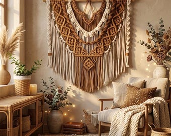 Large Brown and Beige Boho Macrame Wall Hanging – Rustic Fringe Fiber Art Statement Decor