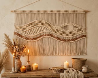 Large Woven Macrame Wall Hanging – Neutral Boho Textured Fiber Art Statement Decor