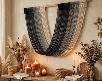 Large Ombre Macrame Wall Hanging – Black and Beige Boho Fiber Art Draped Statement Decor