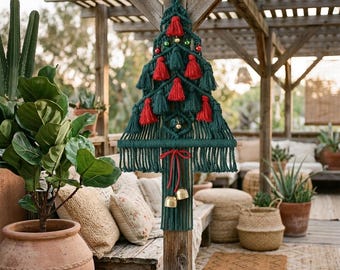 Macrame Christmas Tree Wall Hanging – Green and Red Tassel Holiday Decor with Bells