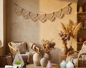 Boho Macrame Garland Wall Hanging – Neutral Fringe Banner Decor