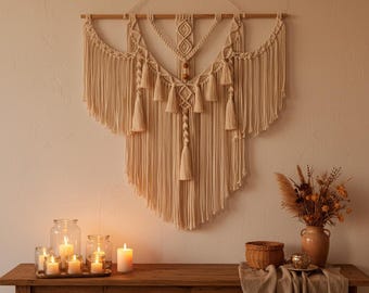 Large Boho Macrame Wall Hanging – Handmade Cotton Fringe Tapestry, Neutral Woven Wall Art for Bedroom Living Room Decor