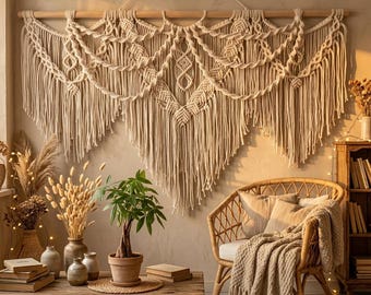 Extra Large Beige Boho Macrame Wall Hanging – Wide Fringe Fiber Art Statement Decor