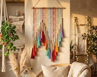 Colorful Boho Tassel Wall Hanging – Rainbow Yarn and Wooden Bead Fiber Art Decor