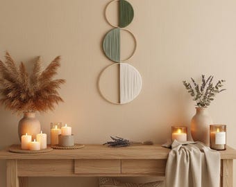 Modern Boho Geometric Macrame Wall Art – Green and Cream Circle Fiber Hanging Decor