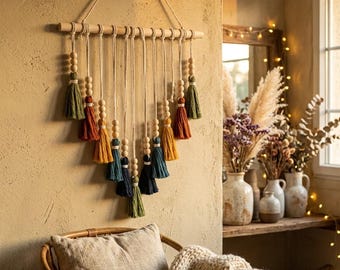 Boho Tassel Wall Hanging – Colorful Macrame Bead Decor Rustic Fiber Art Accent
