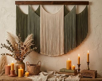 Green and Beige Ombre Macrame Wall Hanging – Large Boho Fringe Fiber Art Statement Decor