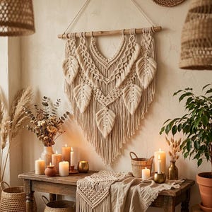 Grande arazzo da parete in macramè con foglie beige - Decorazione rustica in fibra con frange boho