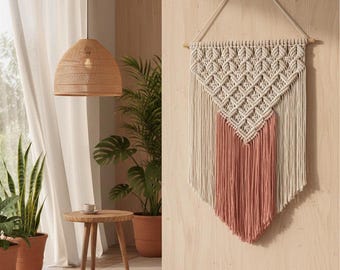 Beige and Terracotta Macrame Wall Hanging – Boho Ombre Fringe Fiber Art Decor