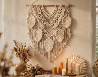 Large White Leaf Macrame Wall Hanging – Boho Fringe Fiber Art Rustic Statement Decor cotton