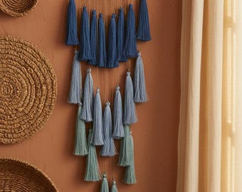 Boho Star Macrame Wall Hanging – Blue and Sage Tassel Fiber Art with Geometric Web Design