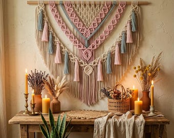 Boho Pink and Gray Macrame Wall Hanging – Large Tassel Fringe Fiber Art with Wooden Bar