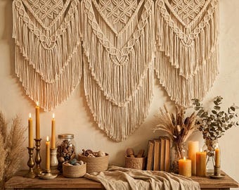Large Macrame Wall Hanging Boho Decor Beige Woven Wall Art Handmade Fiber Wall Hanging Living Room Bedroom Bohemian Statement Decor